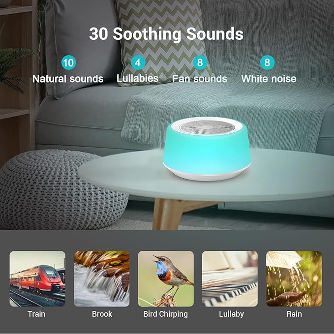BGOVERSS White Noise Machine with 30 Soothing Sounds and 7 Colors Warm Night Light for Sleeping, 5 Timers Portable Plug in Sound Machine for Baby, Adults, White Color