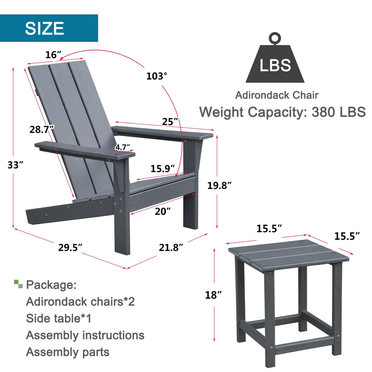 Skypatio Adirondack Chair Set of 2 with Side Table, All-Weather Patio Fire Pit Chairs High-Density Polyethylene Adirondack Chairs for Porch, Balcony, Deck, Lawn, Backyard, Grey