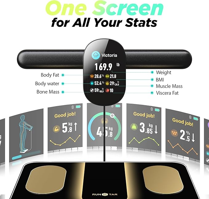 Runstar Smart Scale FSA or HSA Eligible, 8 Electrodes Digital Bathroom Scale for Body Weight and Fat, BMI, Muscle Mass 28 Body Composition Measurement, with Full-Color TFT LCD on Retractable Handle