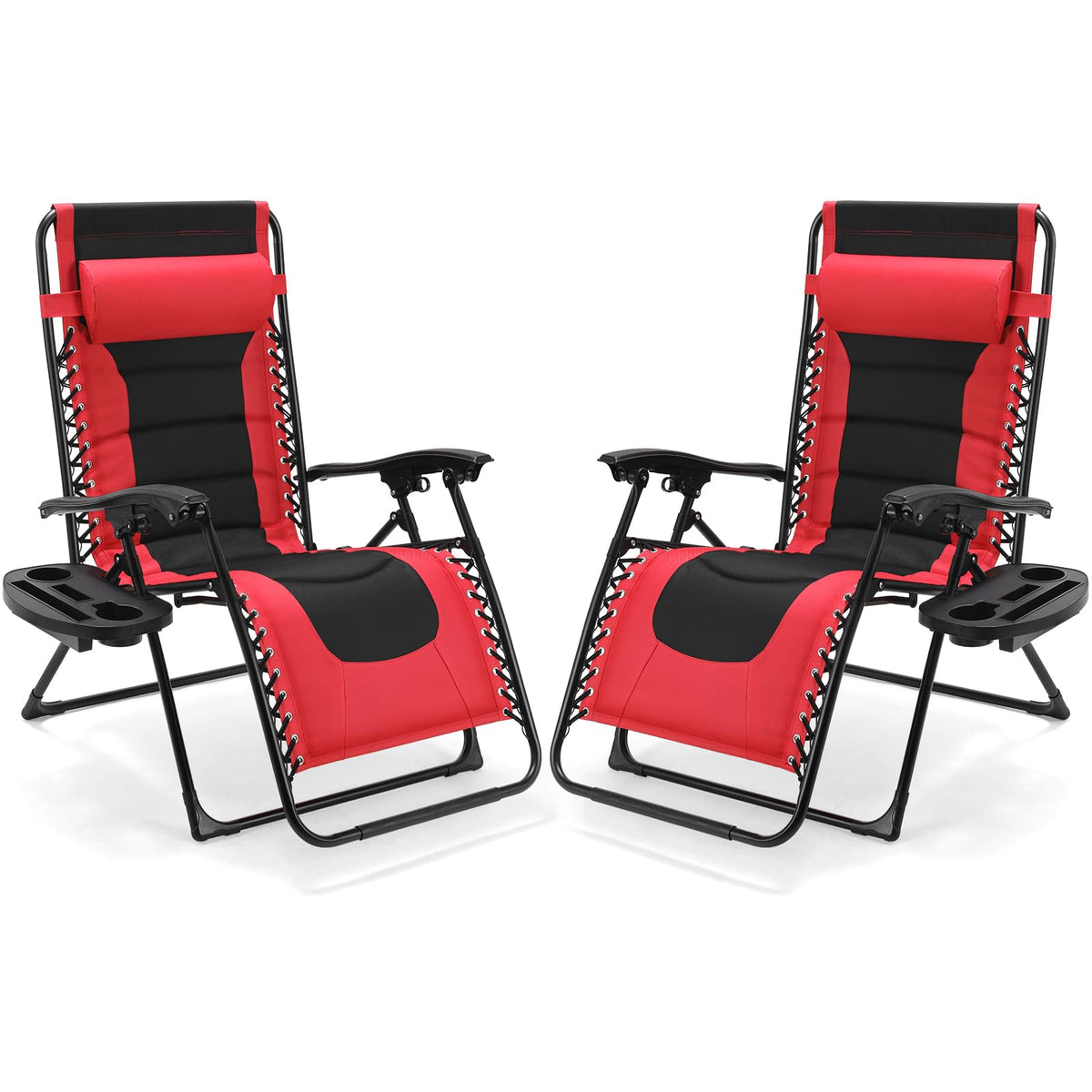 TLSUNNY Oversized Padded Zero Gravity Chair Set of 2, Folding Outdoor Patio Recliner, 24.2" Wide Seat Lounger W/Detachable Pillow & Holder Tray, Patio Furniture for Garden, 350LBS (Black/Burgundy)