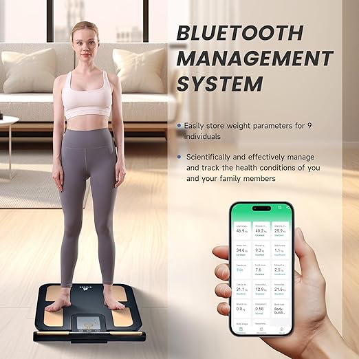 EILISON 8-Electrode Body Fat Scale with BIA Technology, Digital Bathroom Scale Full Body Composition Analyzer with 32 Metrics, Smart BMI Weight Scale with Bluetooth App, Touchscreen, 396lbs (Black)