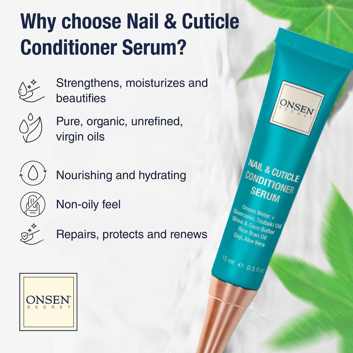 Onsen Secret Cuticle Cream Bundle, Double Sided Nail File 120/180 Grit, Nail Cuticle Oil - Japanese Natural Healing Minerals Nail Care Serum. (15ml + Buffer + Nail File)