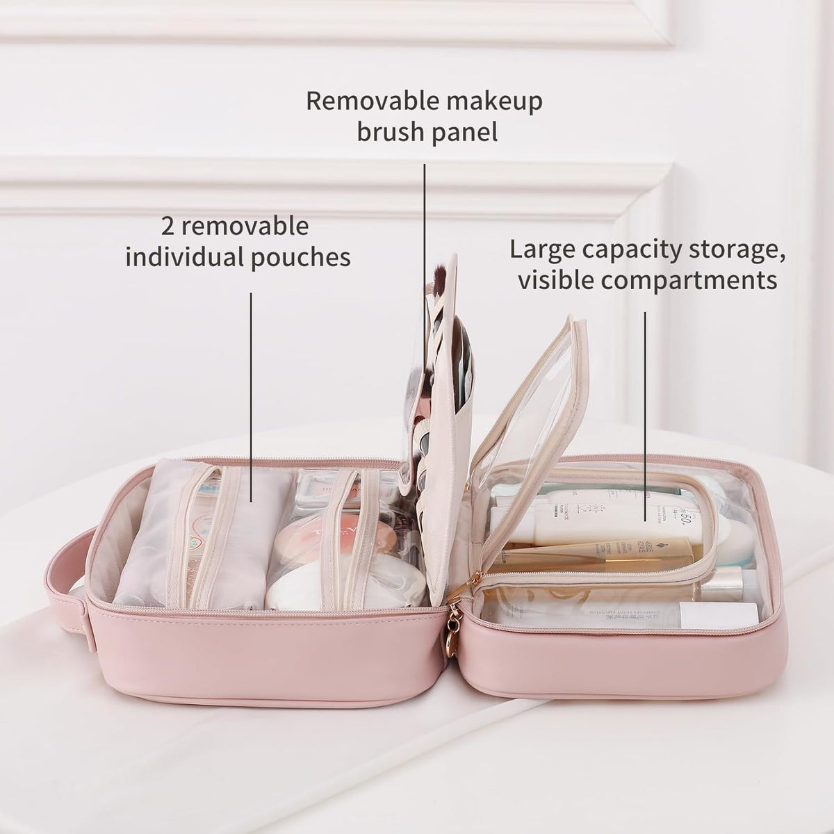 RIGHT AWAY Travel Toiletry Bag for Women, Waterproof Makeup Bag&Case, Portable Cosmetic Organizer Checkered Make up Bag for Full Sized Toiletries，Cosmetics and Travel-Size Accessories,Pink Checkered