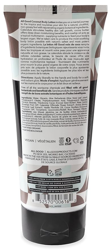 All Good Body + Hand Cream for Women & Men | Organic Daily Moisturizer for Dry Skin | Coconut Oil, Cocoa Butter, Rosehip Oil, Arnica, Vitamin E | Non-greasy, Vegan & Cruelty Free | Coconut, 6oz