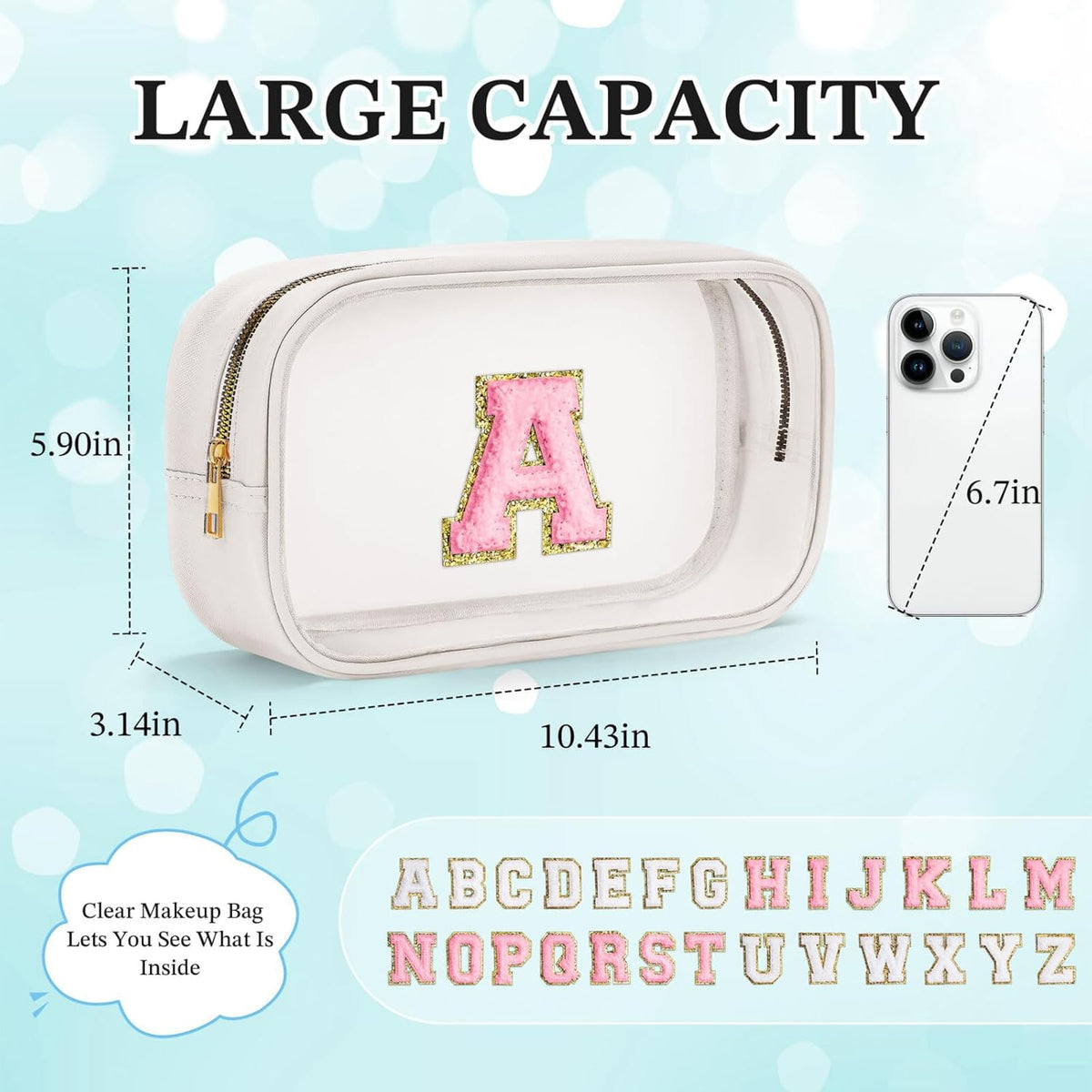 YOOLIFE Initial Make Up Bag Travel Toiletry Bag, Clear Makeup Bag Preppy Cosmetic Bag Clear Makeup Bags With Zipper Girlfriend Teacher 6 Year Old Girl Gifts Daughter Gifts Swim Gifts For Girls White Q