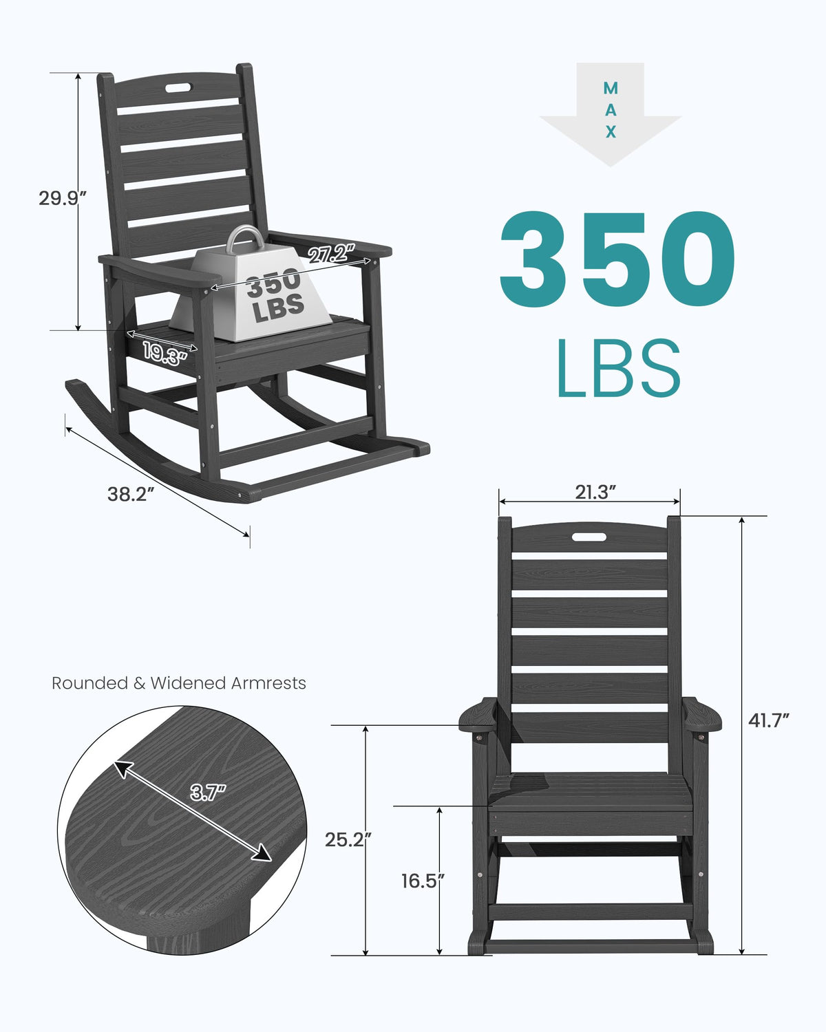 SERWALL Outdoor Rocking Chair, Oversized Rocking Chair with Footrest for Adults, HDPE All Weather Resistant Rocking Chairs for Patio, 350lbs Weight Capacity, Gray
