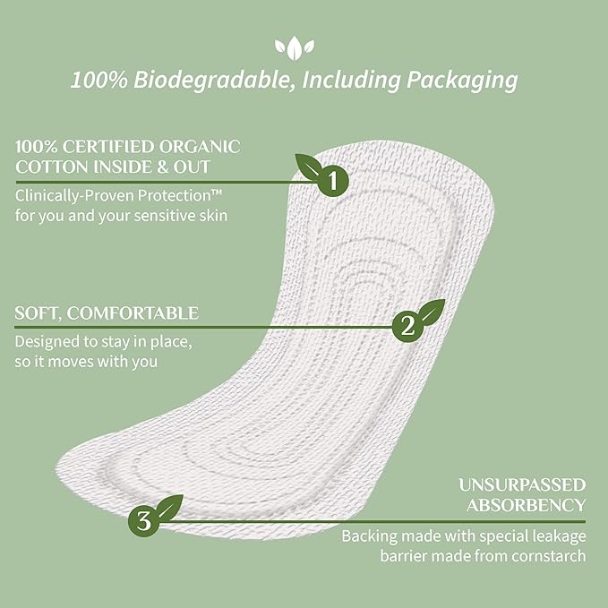Organyc 100% Organic Cotton Inside and Out Light Incontinence Liners for Bladder Leakage Control, FSA/HSA Eligible, Ultra Thin, Light Flow, 24 Count
