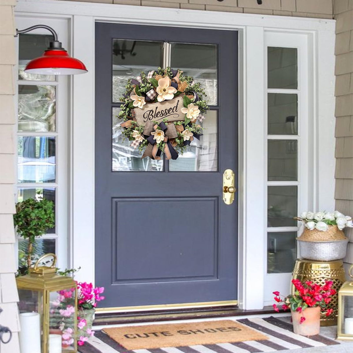 Spring Summer Wreath for Front Door,Farmhouse Magnolia Porch Decoration,Front Door Hanger,Housewarming Gift, Buffalo Plaid Year Round Wreath,Summer Home Decor