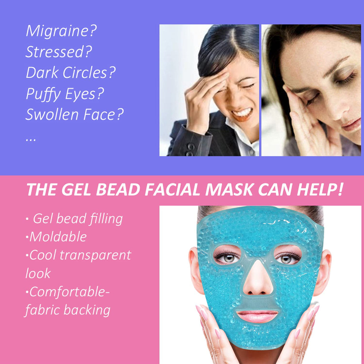 ZNÖCUETÖD Cold Face Eye Mask Ice Pack Reduce Facial Puff, Dark Circles, Gel Beads Hot Heat Cold Compress Pack, Face SPA for Woman Sleeping, Pressure, Headaches, Skin Care, Post Laser Care[Blue]