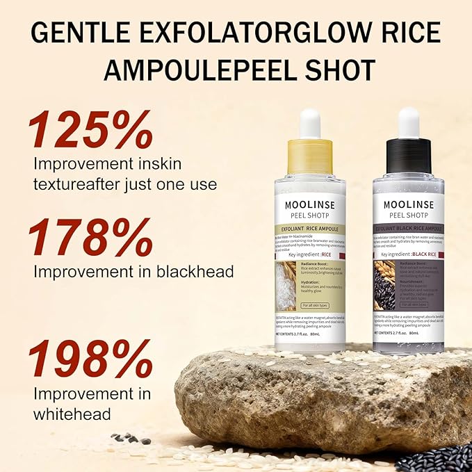 Peel Shot Glow Rice Ampoule Duo – 2 PCS White & Black Rice Facial Serum, Soft Exfoliating Scrub Dead Skin Cells Remover,Gentle Peel & Deep Hydration for All Skin Types