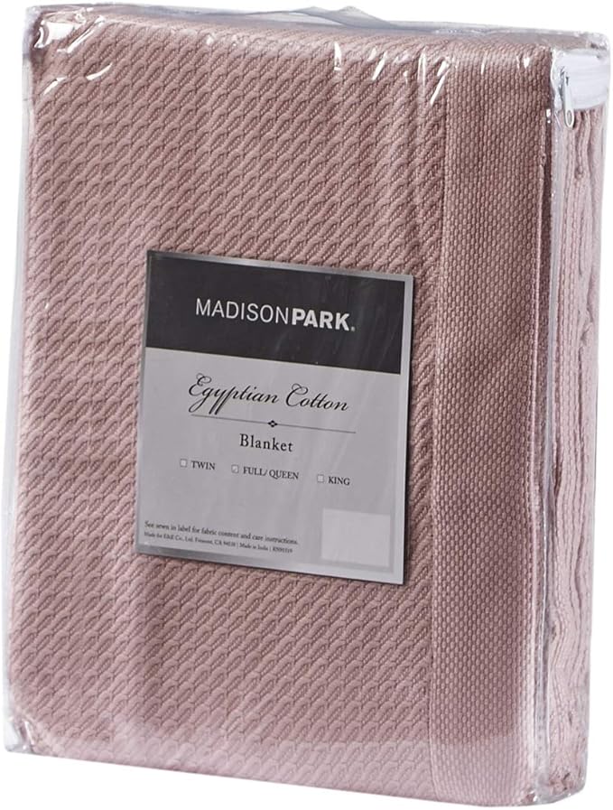 Madison Park Soft Certified 100% Egyptian Cotton Breathable Cozy Blanket, Premium Waffle Knit Classic Design, Luxury All Season Lightweight Cover for Bed, Couch and Sofa, Rose Full/Queen(90"x90")