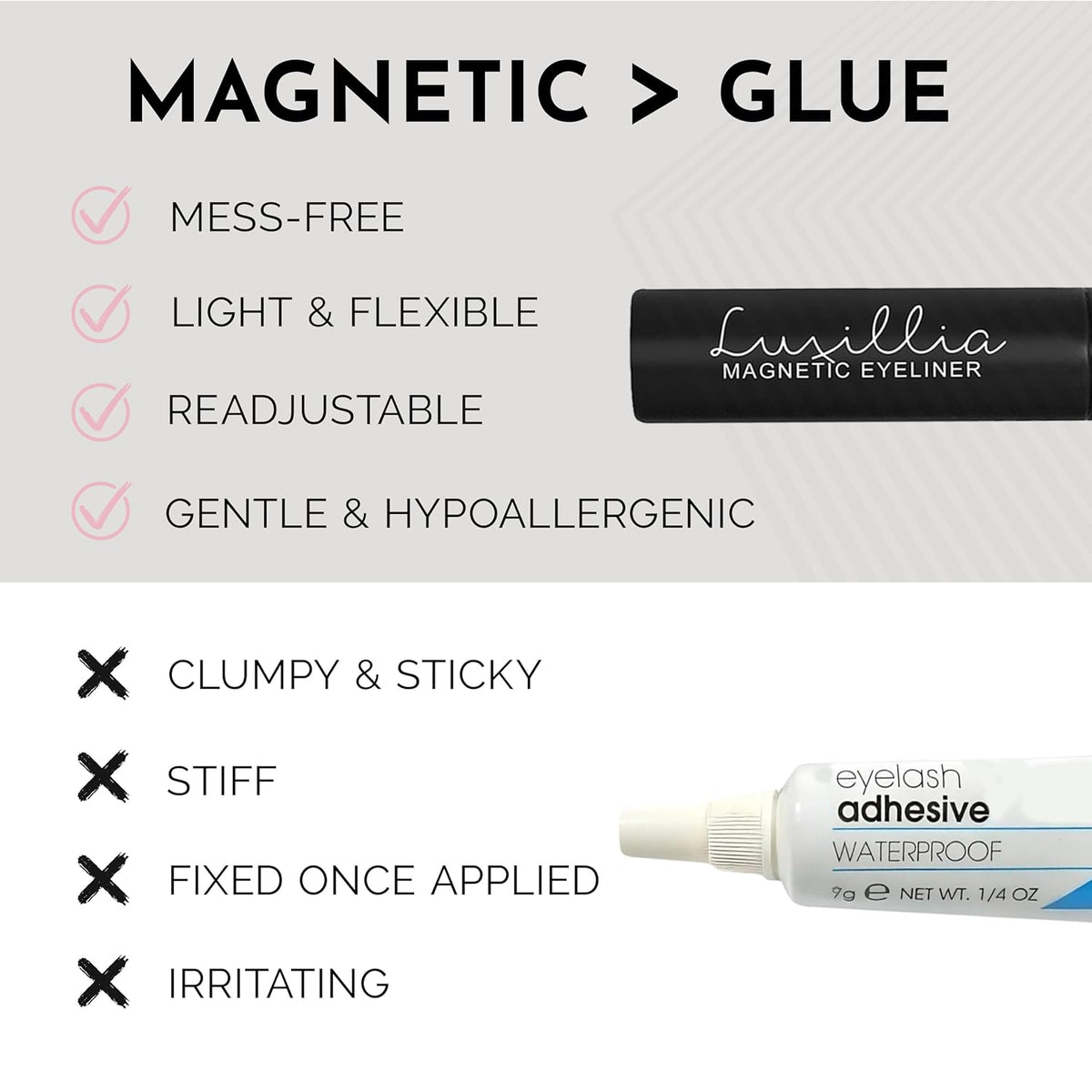 Luxillia Magnetic Eyelashes Kit – 10 Piece (Clear & Black) Magnetic Eyelash & Eyeliner Set with Applicator – Natural Look Easy Apply Reusable Fake Extension Lashes, No Glue – Pestañas Naturales