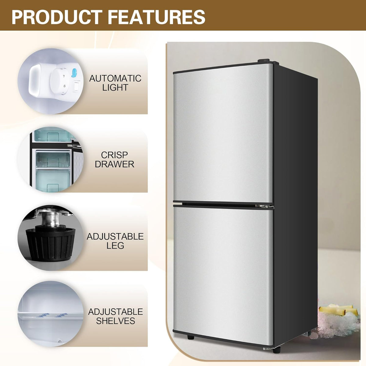 Small Fridge with Freezer 4.2 Cu.Ft., Mini Fridge and Freezer for Dorm with Adjustable Thermostat, Apartmet Size Fridge with Freezer Compact Fridge for Kitchen, Dorm, Office, Silver