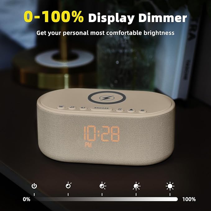 Sound Machine Alarm Clock for Bedrooms: Bluetooth 10W Stereo Speaker with Wireless Charging - White Noise Machine for Sleeping with 21 Soothing Sounds - Putty