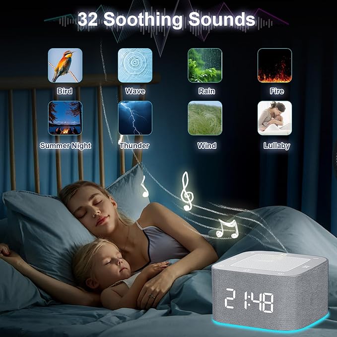 Sound Machine Alarm Clock for Baby Adult, 32 Soothing Sounds White Noise Machine, Night Lights Bluetooth Speaker, APP Control Noise Machine with Dimmable Clock for Kids Teens