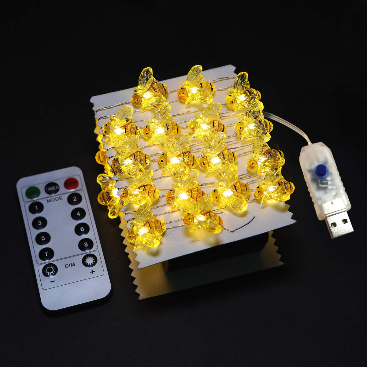 WSgift Honeybee Decorative String Lights, 18.7 Ft 40 LED USB Plug-in Copper Wire Bee Fairy Lights for Various Decoration Projects (Warm White, Remote Control with Timer)
