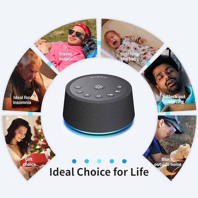 White Noise Sleep Sound Machines 30 Sounds 12 Colors Light 32-Level Volume 5 Timers for Home Travel Gift Adjustable Brightness Memory Function Compact