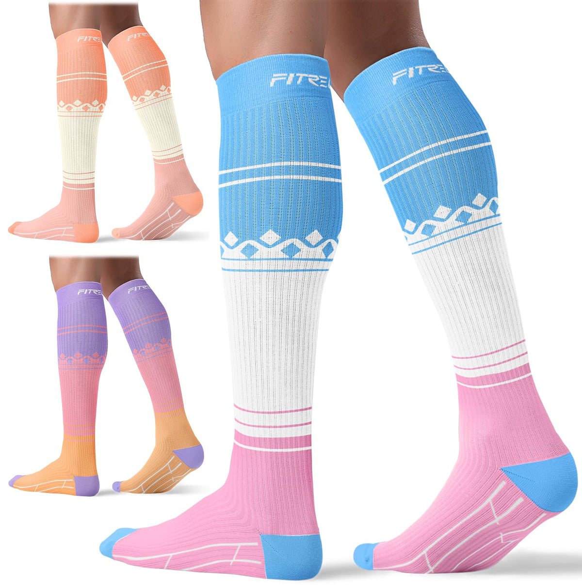 FITRELL 3 Pairs Compression Socks for Women and Men 20-30mmHg- Support Socks for Travel, Running, Nurse, Knee High Socks, Bliss Cream, S/M