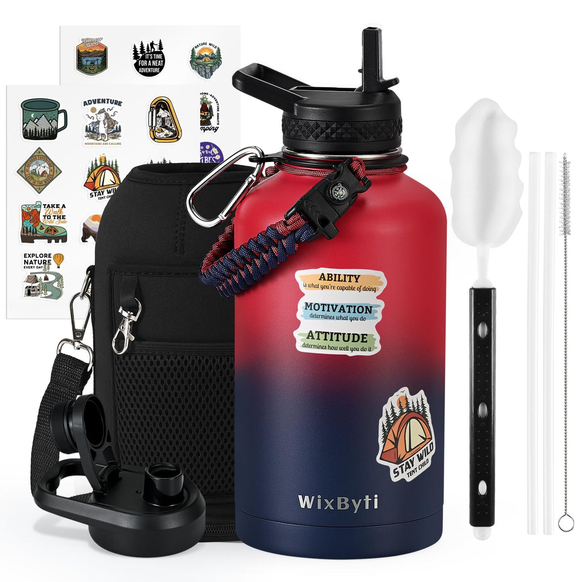 WixByti 64 oz Insulated Water Bottle with Straw (Cold for 48 Hrs), Half Gallon Stainless Steel Triple Wall Vacuum Sports Water Jug, Leakproof Hydro Cup Flask with Straw Spout Lids & DIY Stickers