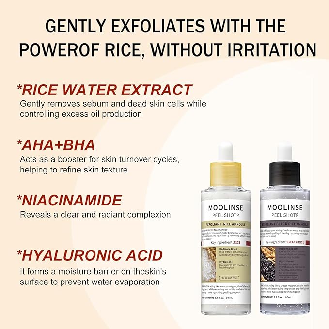 Peel Shot Glow Rice Ampoule Duo – 2 PCS White & Black Rice Facial Serum, Soft Exfoliating Scrub Dead Skin Cells Remover,Gentle Peel & Deep Hydration for All Skin Types