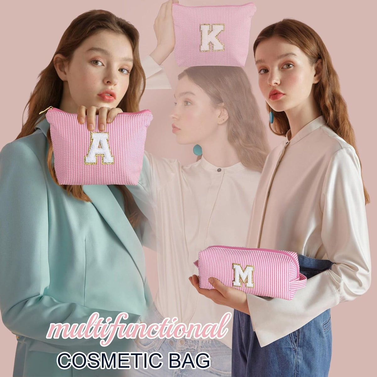 YOOLIFE Makeup Bag for Women, Personalized Initial Cute Makeup Pouch for Girlfriend Bridesmaid Wife | Cosmetic Travel Toiletry Bag for Friend Female Sister | Birthday Gift Idea for Her Mom Pink F