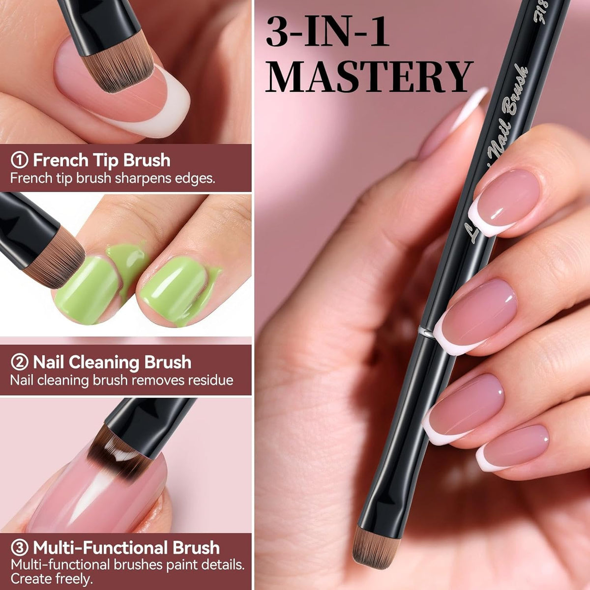 Nail Brush for French Tip, Nail Cleaning Brush for Gel & Acrylic - Professional Kolinsky Sable French Manicure Brush, Thin Nail Art Brush for Precise Clean Up & Polygel Application (Black, F16)