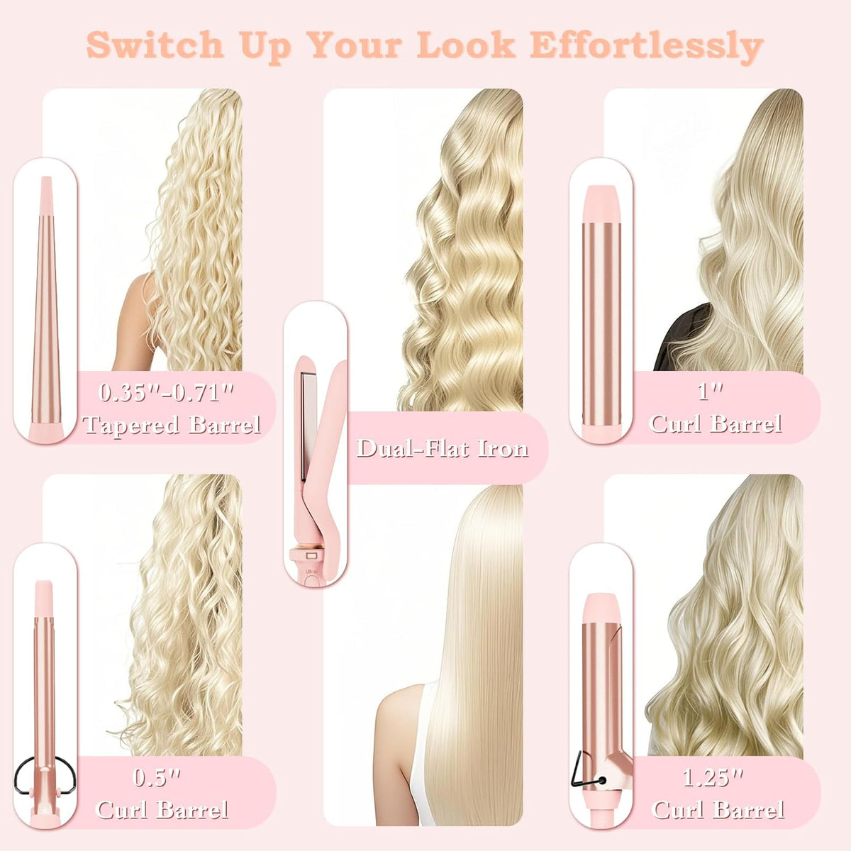 Ufree 5 in 1 Curling Iron with Ceramic Barrels (0.35"-1.25"), Curling Wand Set with Flat Iron Hair Straightener, Instant Heat Up, Dual Voltage Hair Curler, Gifts for Women, Pink