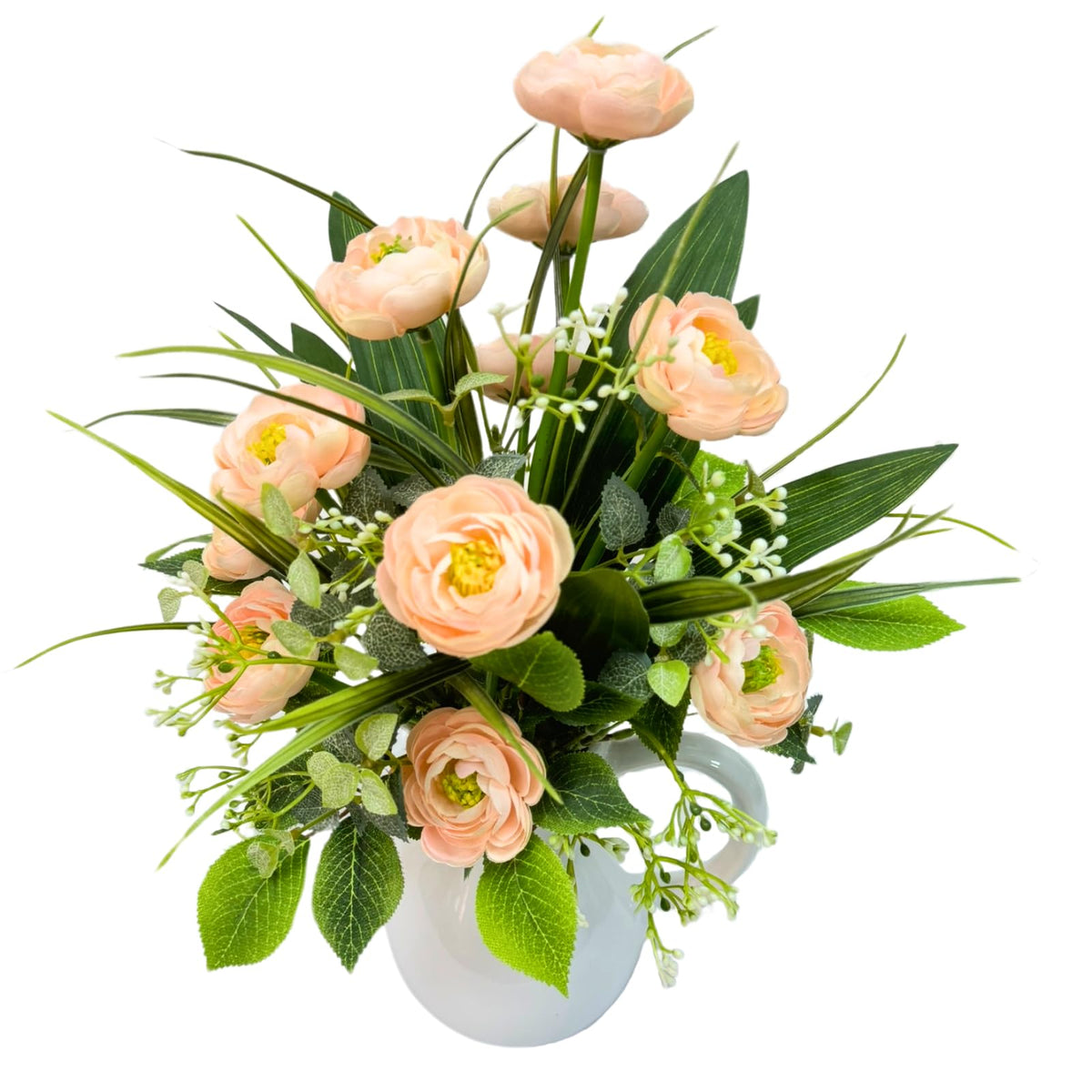 Svndlyn Spring Summer Floral Arrangement Centerpiece Artificial Roses Ranunculus Flowers Ceramic Vase Flower Arrangement for Home Decoration Dining Table Centerpiece