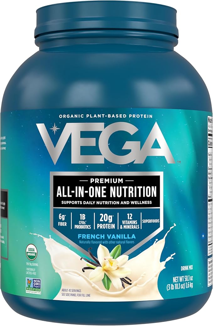 Vega All in One Nutrition Organic - 20g Plant-Based Pea Protein, French Vanilla, 43 Servings, Vitamins A & C, Probiotics, Greens, Vegan, Keto, Gluten Free, 3.1lbs (Packaging May Vary)