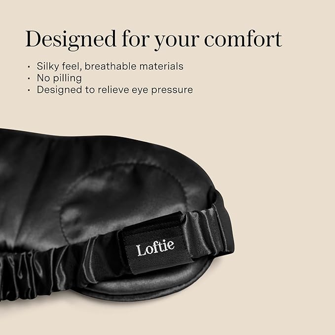 Loftie Silky Sleep Eye Mask - Light Blocking Sleep Mask - Silk Masks for Sleeping - Silky Material, Elastic Band, Low Tension Cups - for All Head Shapes and Sizes - Travel Pouch Included (Black)