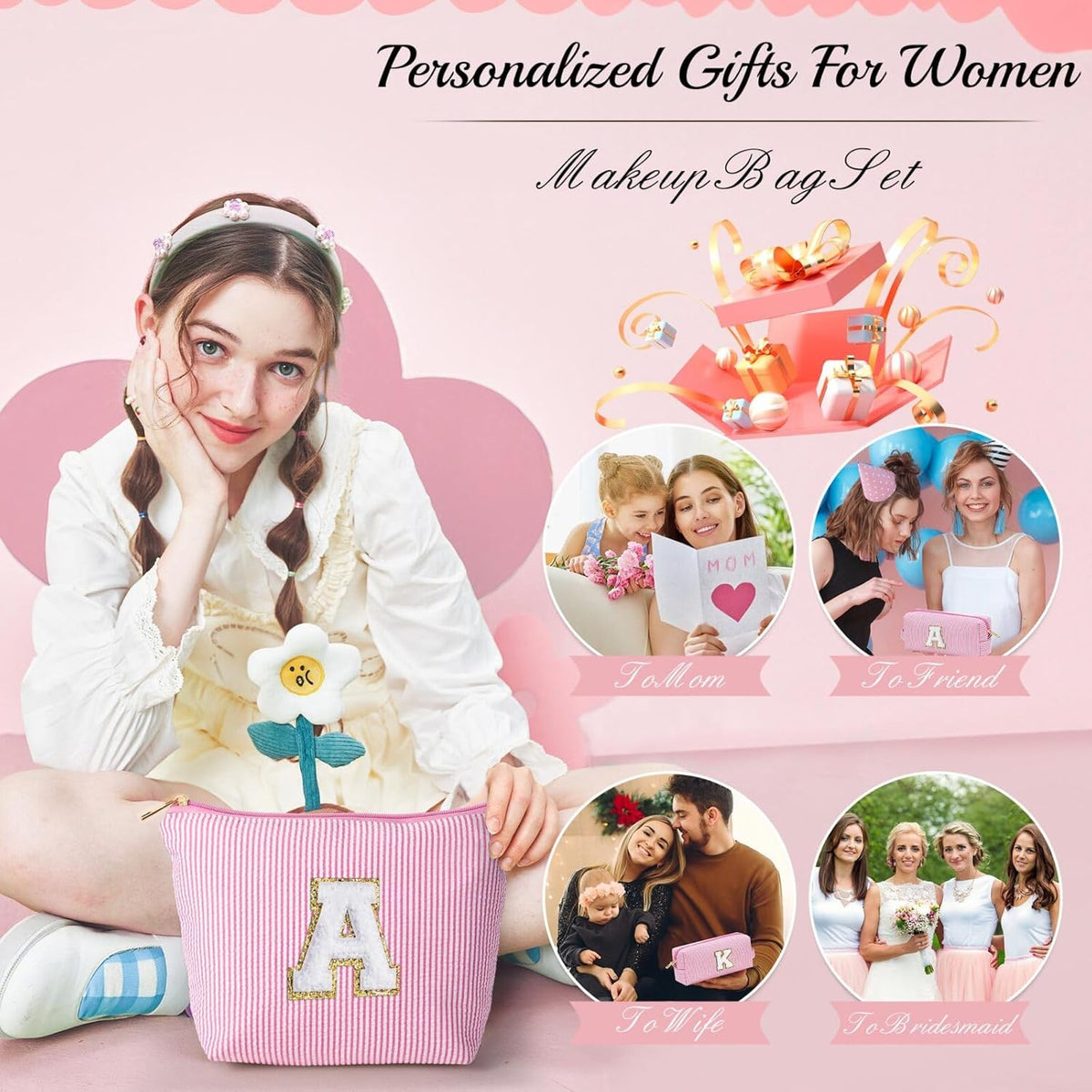 YOOLIFE Birthday Gifts for Women Girls - Personalized Initial Cute Pink Makeup Bags Cosmetic Bag Make Up Bag Toiletry Pouch Gift for Women Her Friend Mom Teacher Sister Teenager Female Bridesmaids