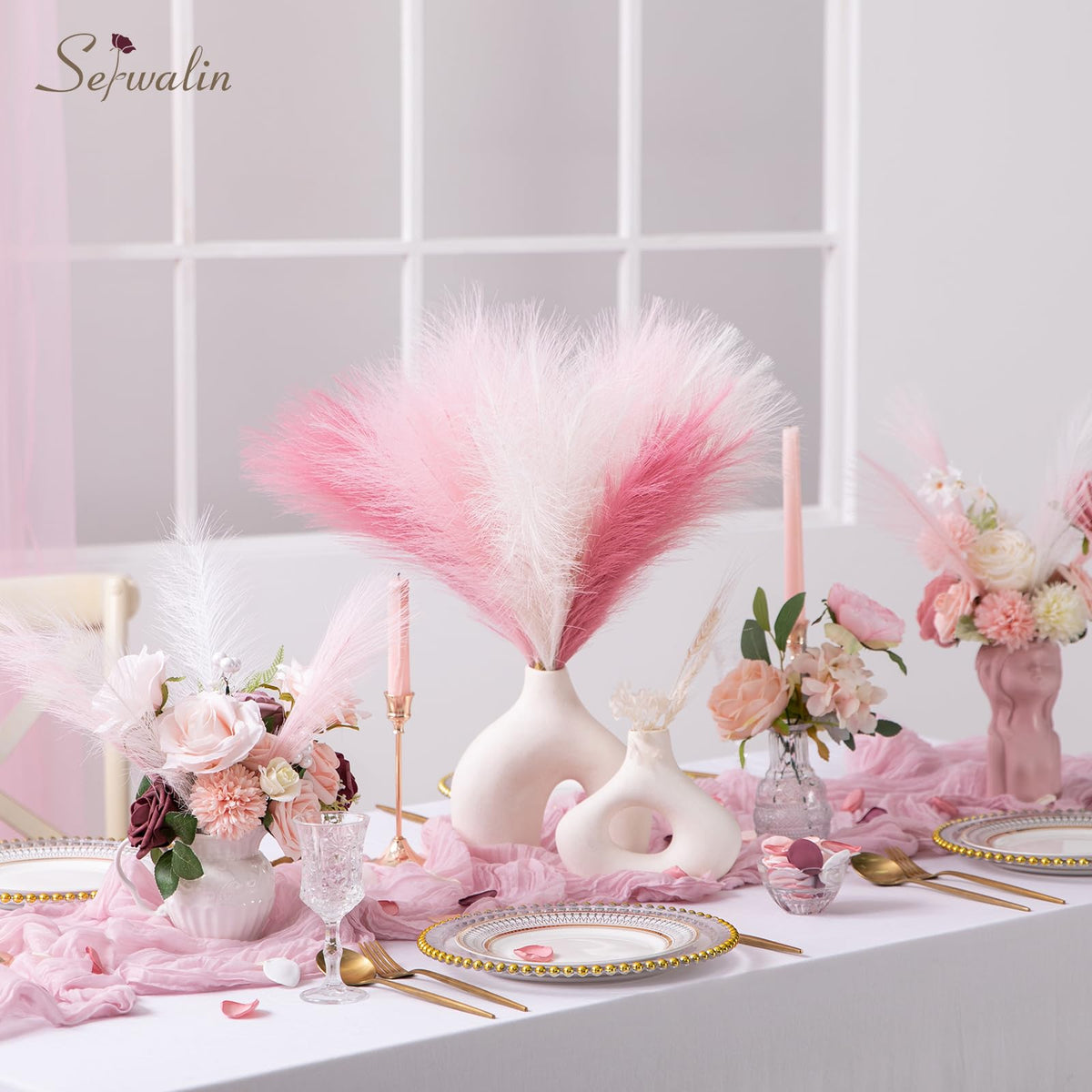 Serwalin Pampas Grass Pink Decor 17.7 Inch 6pcs, Faux Pampas Grass Home Decor, Artificial Pampas Grass Blush Fake Pampas, Short Vase Room Christmas Decoration