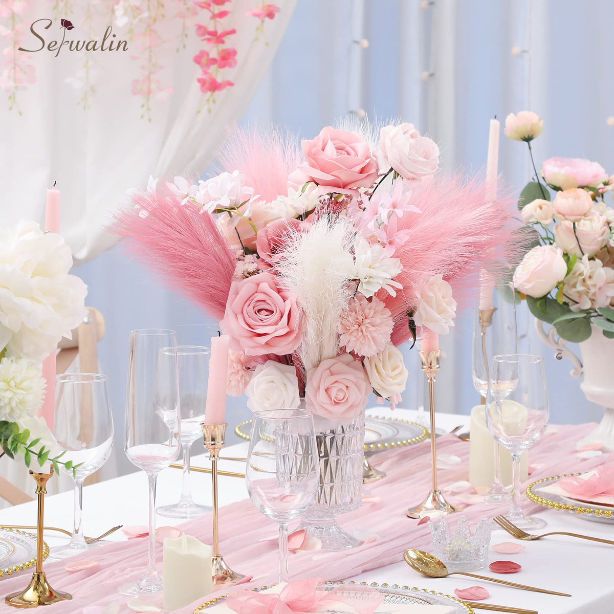 Serwalin Pampas Grass Pink Decor 17.7 Inch 6pcs, Faux Pampas Grass Home Decor, Artificial Pampas Grass Blush Fake Pampas, Short Vase Room Christmas Decoration