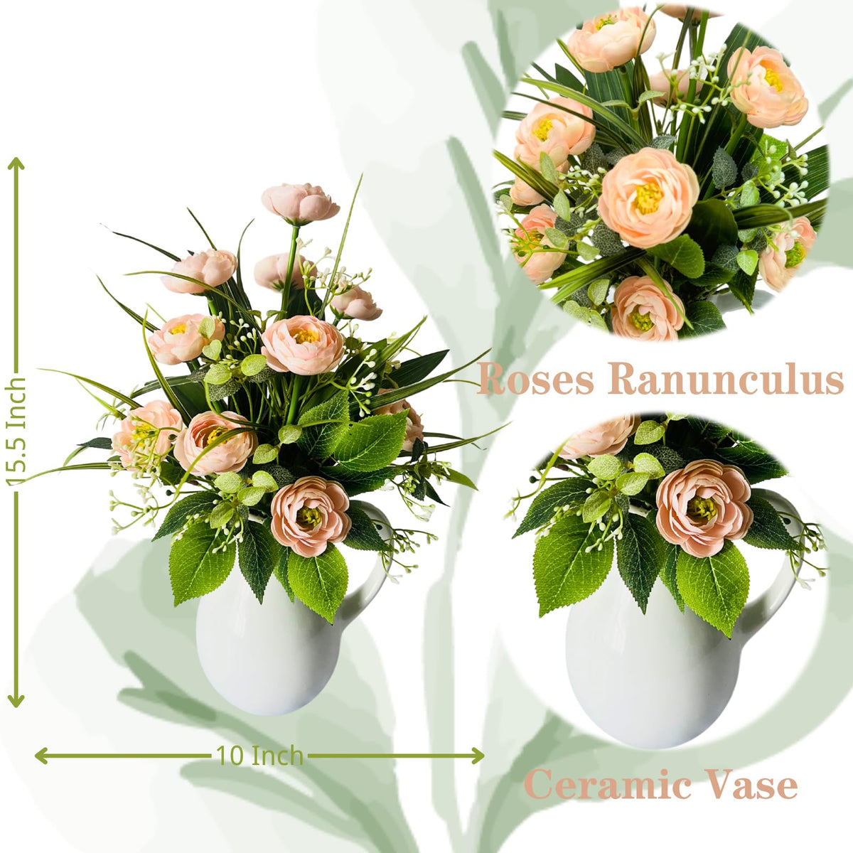 Svndlyn Spring Summer Floral Arrangement Centerpiece Artificial Roses Ranunculus Flowers Ceramic Vase Flower Arrangement for Home Decoration Dining Table Centerpiece