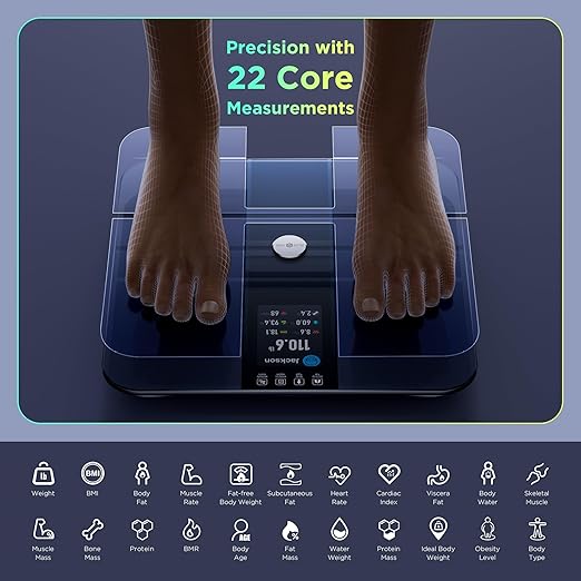 Runstar Smart Scale for Body Weight and Fat Percentage FSA HSA Eligible, 3.5" TFT Color Display High Precision Digital Bathroom Scale BMI Heart Rate 22 Body Composition Analyzer Sync with Fitness App