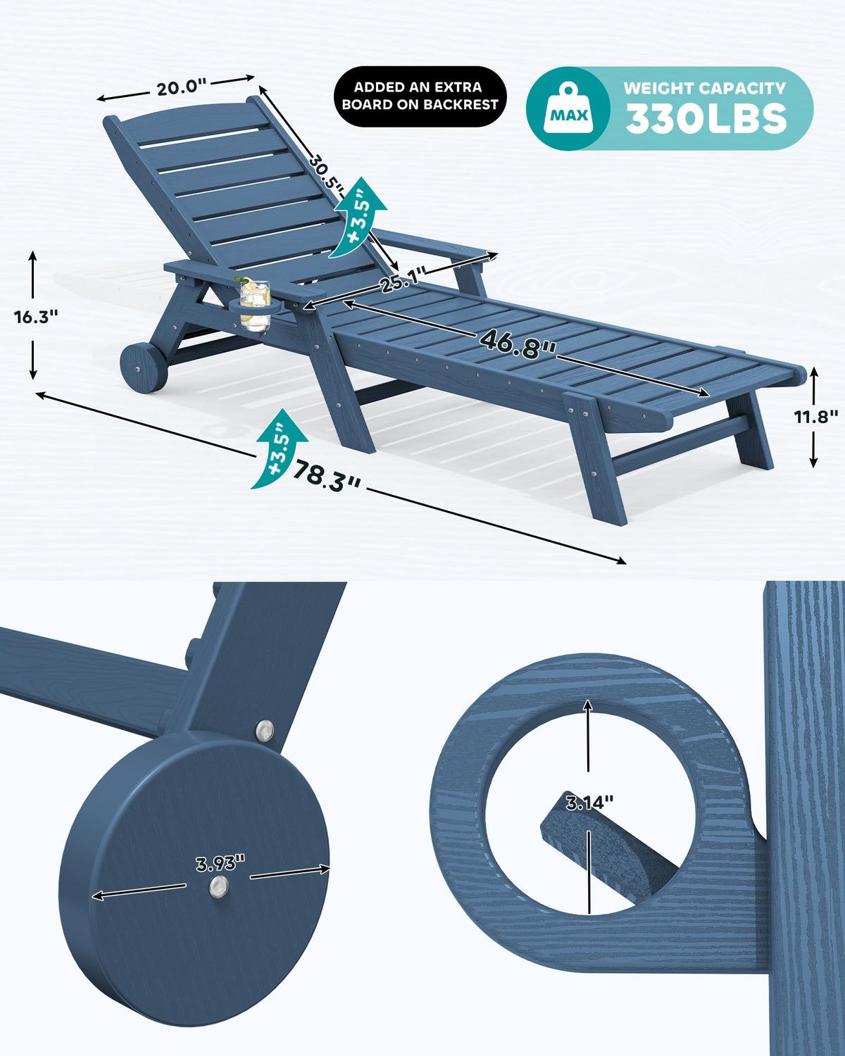 SERWALL Patio Chaise Lounge Chair Set of 2, 78'' Long 5-Positions Adjustable HDPE Outdoor Lounge Chair for Pool, Poly Lounge Chair with Rolling Wheels & Cup Holder for Poolside, Deck, Blue