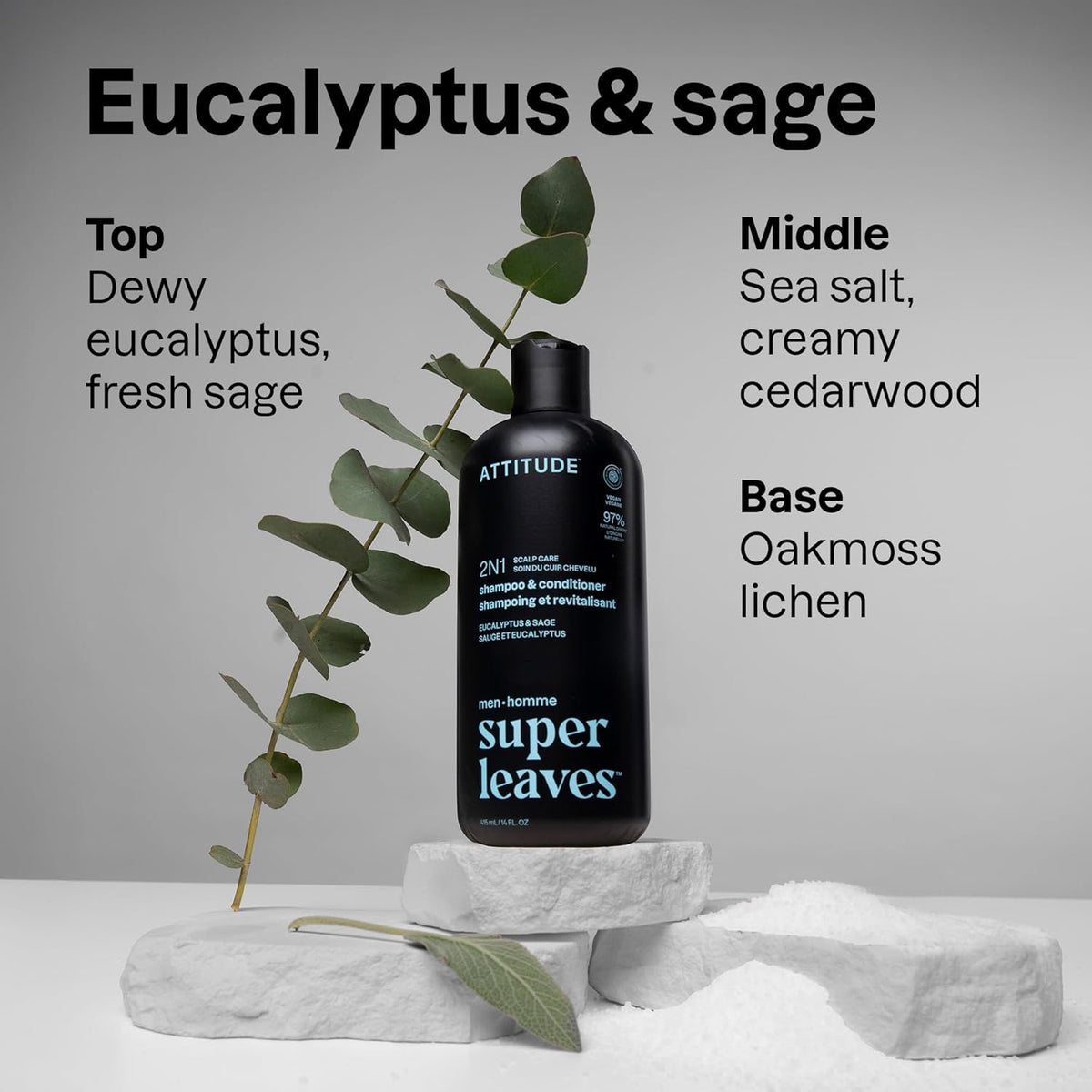 ATTITUDE Men's Shampoo and Conditioner 2-in-1, Scalp Care for Build Up & Oily Hair, Refresh With Peppermint & Willow Extract, 97% Natural Origin Ingredients, EWG Verified, Eucalyptus & Sage, 14 Fl Oz