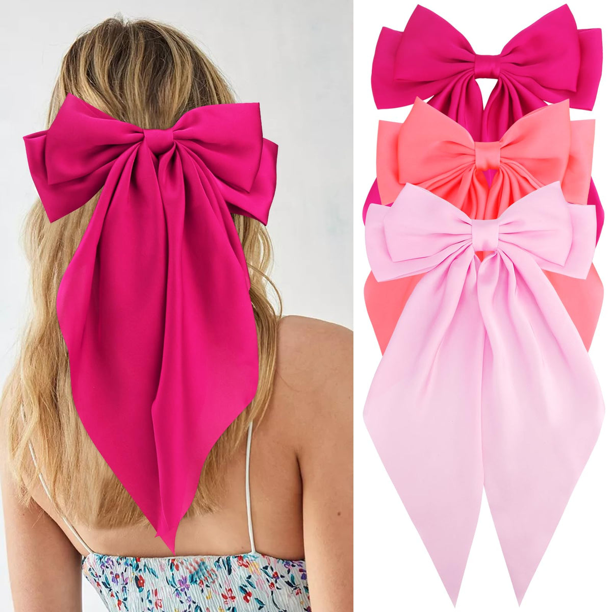 Velscrun 3Pcs Hair Accessories - Rose Pink, Neon Pink Silky, and Big Satin Oversized Long Tail Barrettes Clips with Ribbons for Women & Girls, Gifts