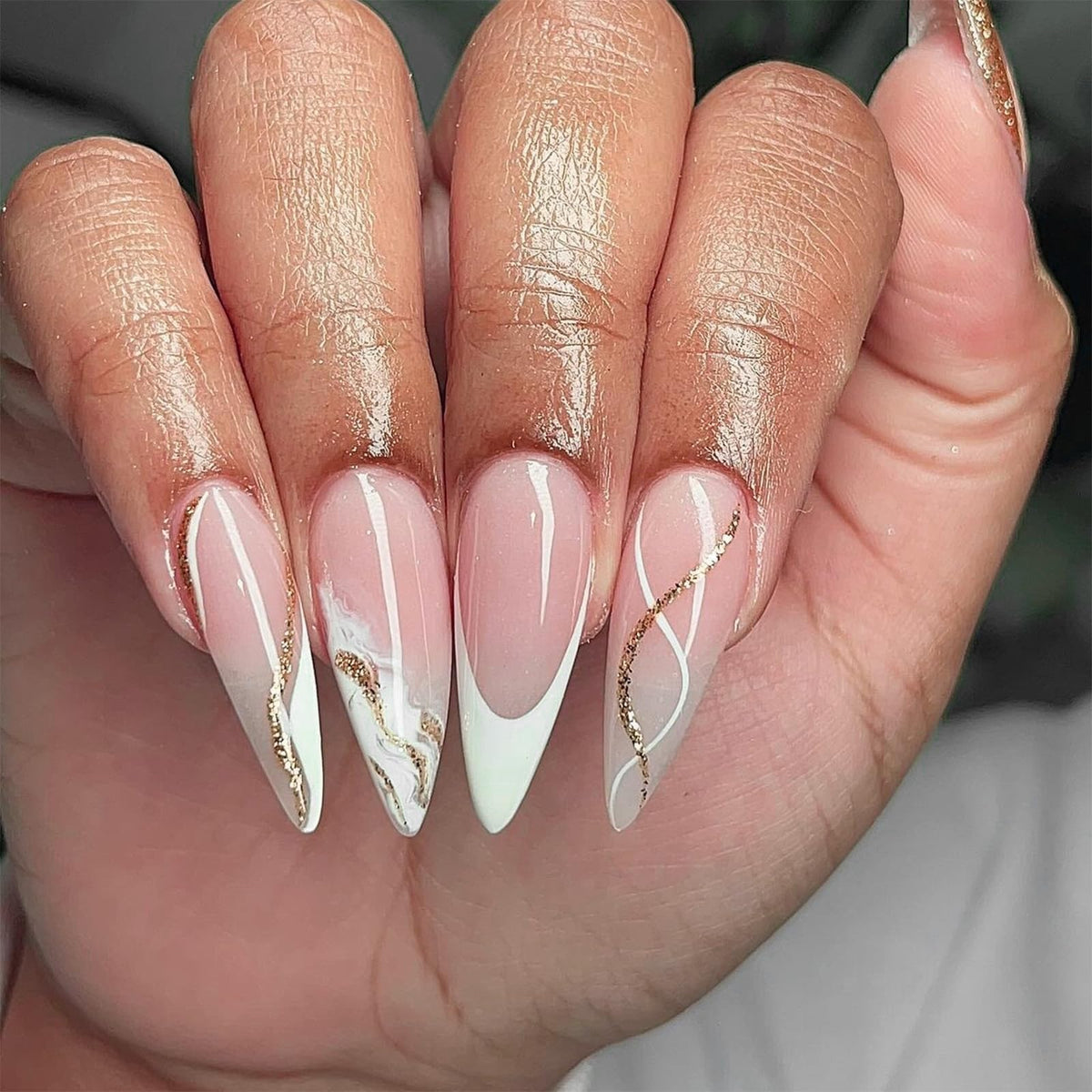 White French Tip Press on Nails Almond Medium Fake Nails Pink False Nails with Design Glitter Swirl Glossy Full Cover Acrylic Glue on Nails Artificial Stick on Nails for Women Manicure 24Pcs