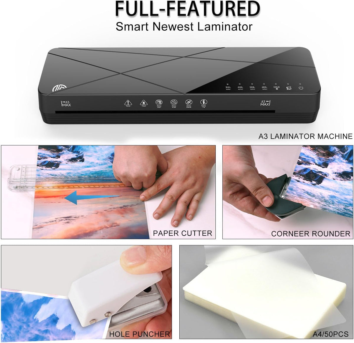 Crenova Laminator Machine 13 inch, Laminating Machine 60s Quick Warm Up Auto Off, Cold Hot Lamination Machine with ABS Jam Free, Laminator for Home Office School, Black