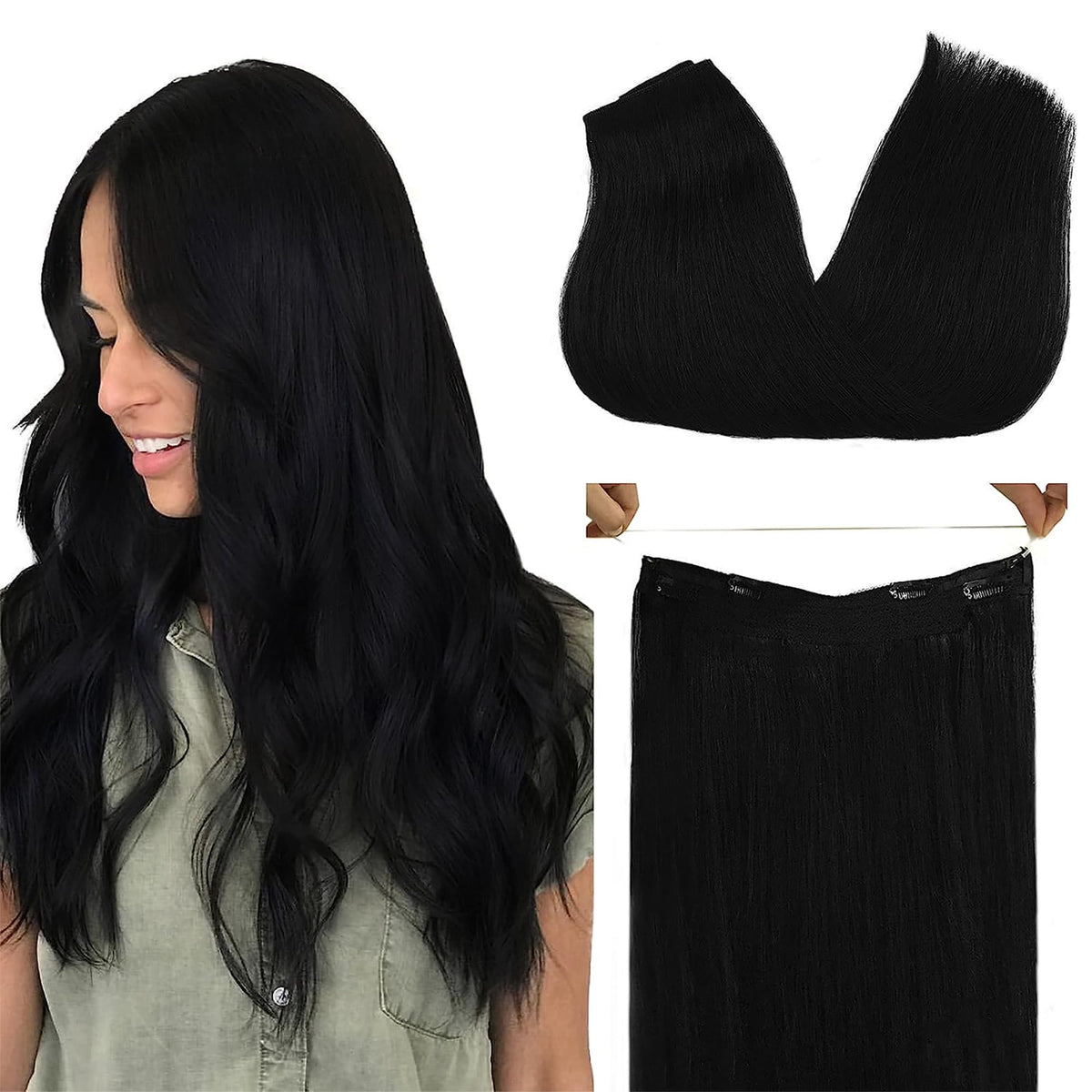 GOO GOO Wire Hair Extensions Human Hair, 1 Jet black Natural 18inch 95g, Invisible Wire Hair Extensions with Transparent, Seamless Fish Line Hairpiece