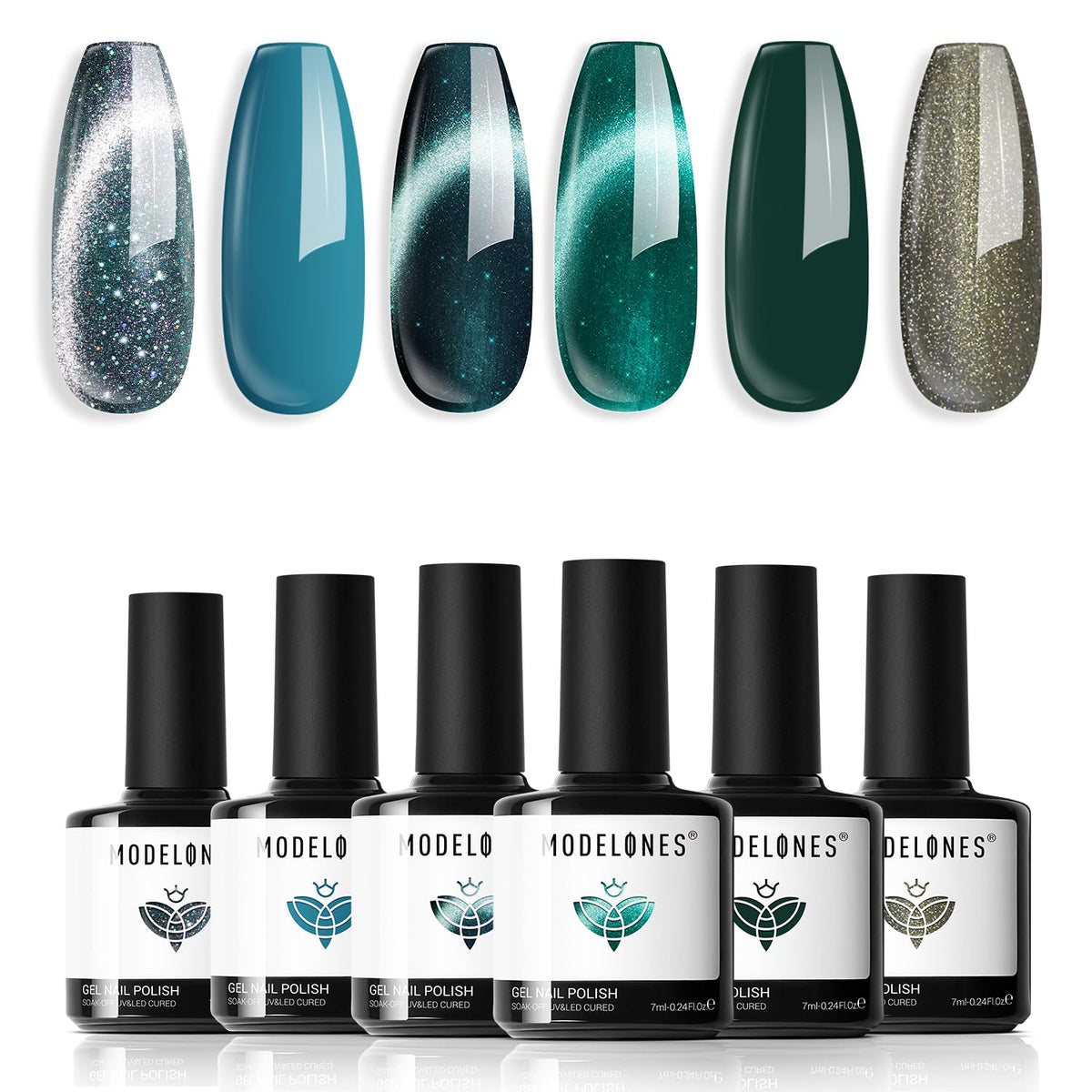 modelones Gel Nail Polish Set, 6 Colors Blue Green Collection Sparkle Reflective Glitter Gel Polish Dark Blue 9D Cat Eye Nail polish Spring Summer with Magnet Soak Off LED Nail Art Kit DIY