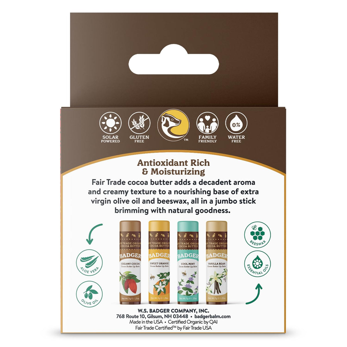 Badger Cocoa Butter Lip Balm Set, 100% Organic, Long Lasting Lip Moisturizers, Lip Care Variety Pack (Cocoa, Orange, Mint & Vanilla), All Natural Lip Balms, 4-pack
