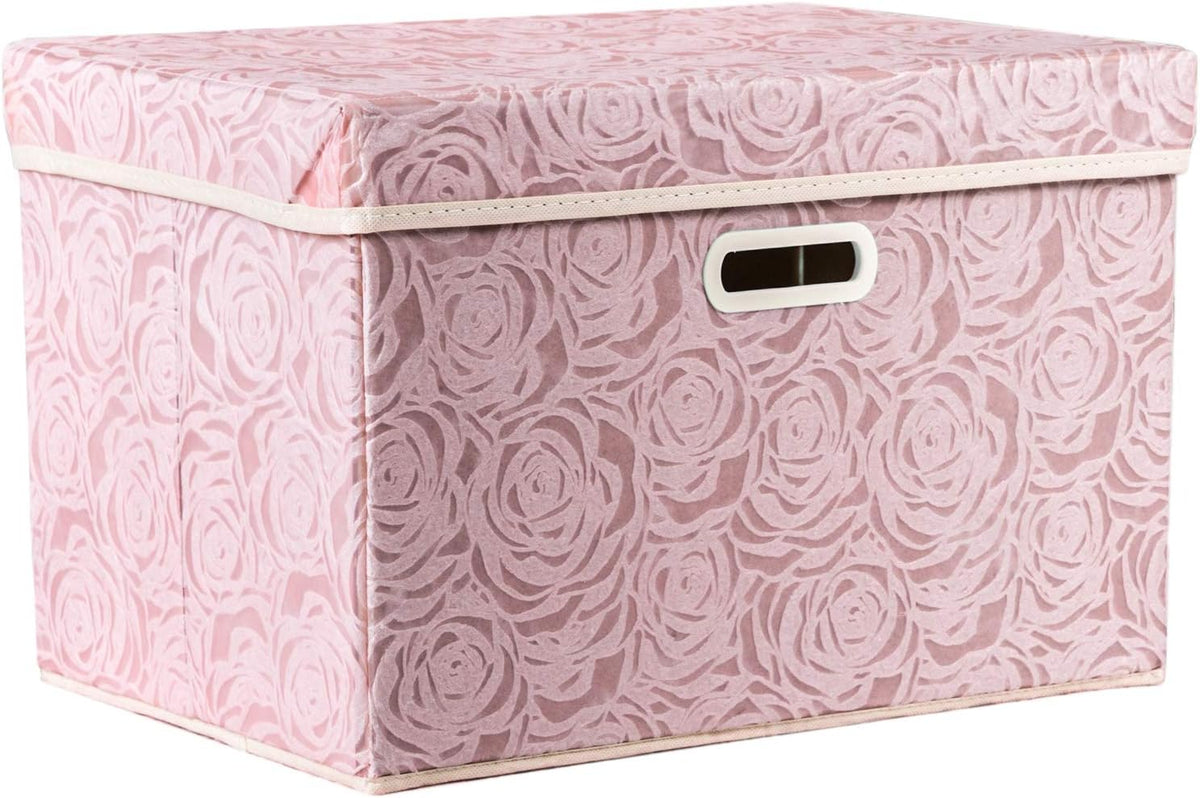 PRANDOM Larger Collapsible Storage Bin with Lid [1-Pack] Fabric Decorative Storage Box Cube Organizer Container Baskes with Handles Divider for Bedroom Closet Living Room Pink 17.7x11.8x11.8 Inch