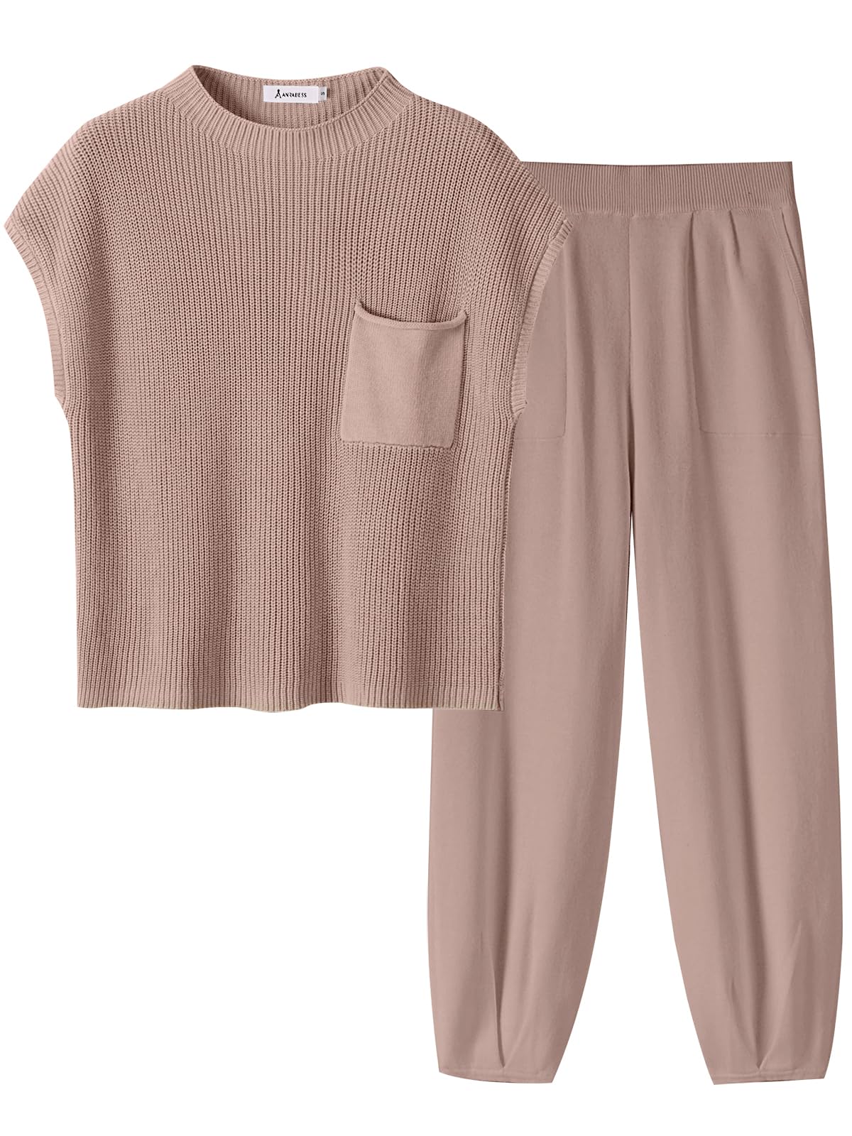 ANRABESS Women's Two Piece Outfits Knit Sweater Pullover Crop Top & Pants Lounge Matching Tracksuit Sweatsuit Sets 2024 Trendy Loungewear Clothes Light Pink X-Small