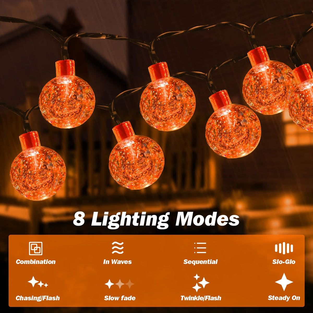 USOKYO Solar Lights Outdoor Waterproof, 2 Pack Total 120LED 72FT Solar String Lights for Outside with 8 Modes, Outdoor String Lights Crystal Globe Patio Lights for Garden Yard Party Decor (Orange)