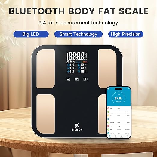 EILISON Digital Bathroom Scale with 4 Electrodes & BIA Technology High-Precision Smart Body Fat Analyzer,Large Color Night Vision Touchscreen,Bluetooth App Sync for 19 Metrics,396LBS Capacity (Black)