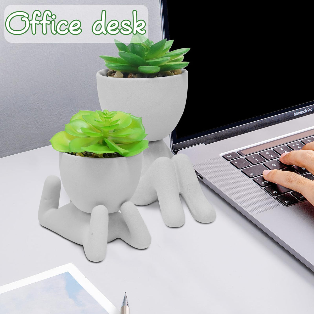 Zerzsy 2PCS Cute Artificial Succulent Plants with Creative Human Shaped Pots, Desk Decoration Artificial Plants Indoor for Home and Office Decor(Cement Gray)