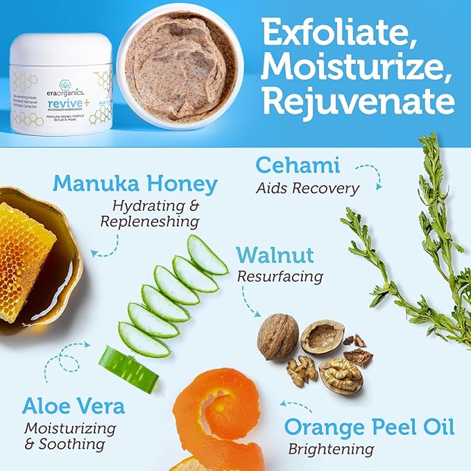 Era Organics Microdermabrasion Facial Scrub & Face Exfoliator - Spa Quality Exfoliating Mask with Manuka Honey Plus Walnut for Blackheads, Buildup, Wrinkles 2oz