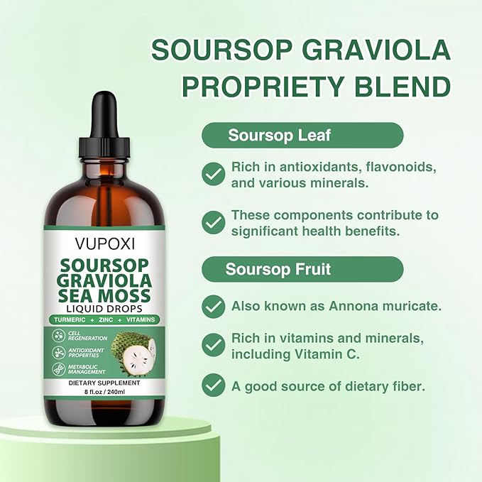 Soursop Multivitamin Liquid Drops Cell Support & Regeneration, Immune Boost,Dietary Fiber and Sleep, Organic Soursop Extract-Sugar Free, Non-GMO, 100% Vegan, Gluten-Free-8 Fl Oz/240 ML